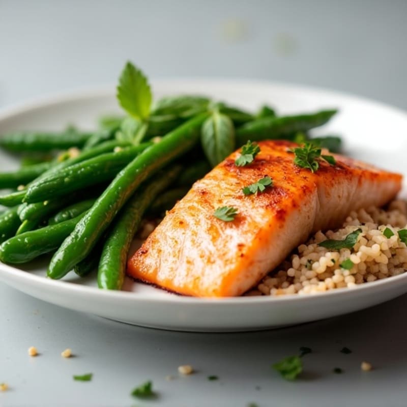Seared Salmon with Steamed Green Beans and Brown Rice