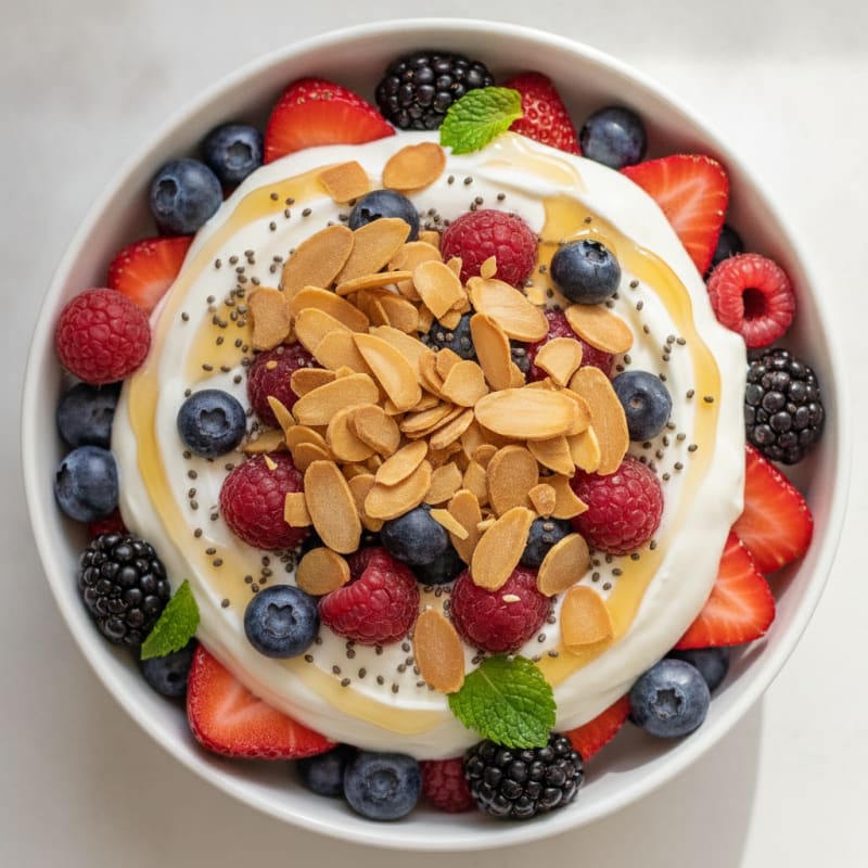 Greek Yogurt Protein Parfait with Mixed Berries and Almonds