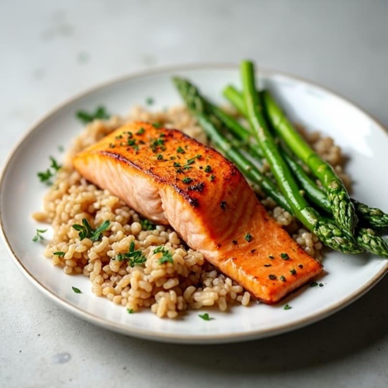 Seared Salmon with Steamed Asparagus and Brown Rice