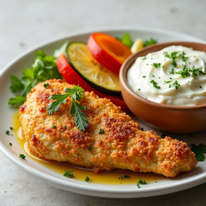Crispy Lemon Herb Chicken with Roasted Vegetables and Creamy Feta Dip