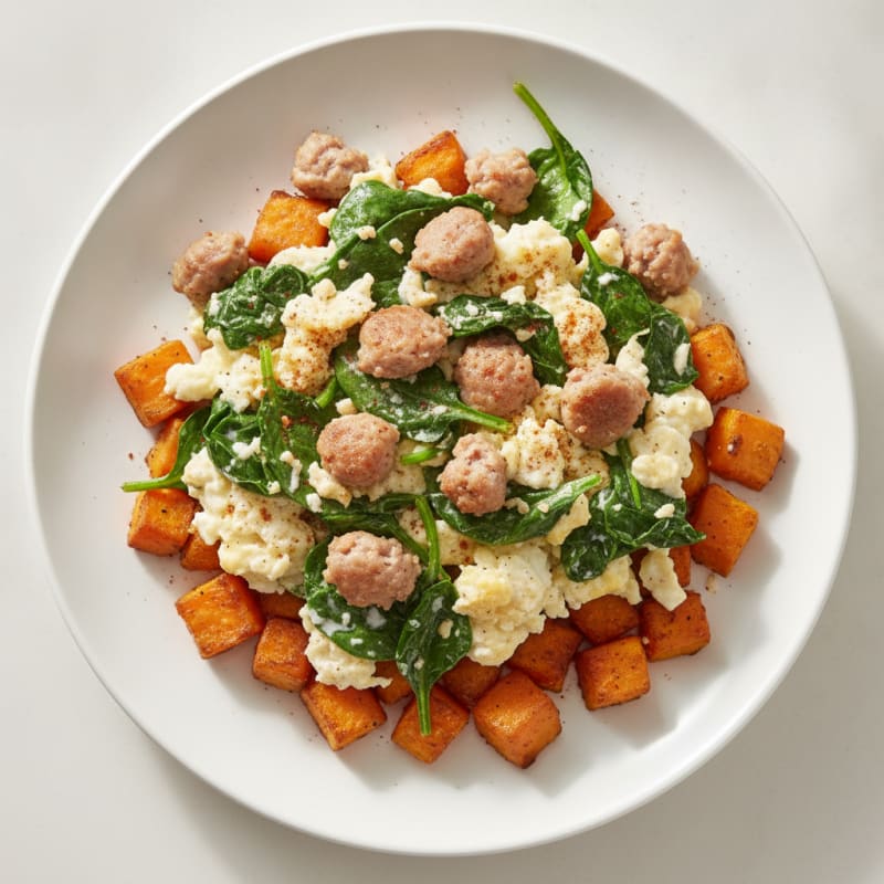 Egg White and Turkey Sausage Scramble with Spinach and Roasted Sweet Potato