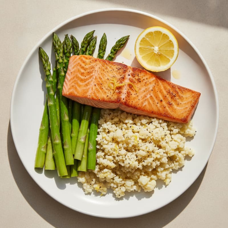 Seared Salmon with Steamed Asparagus and Lemon Pepper Cauliflower Rice
