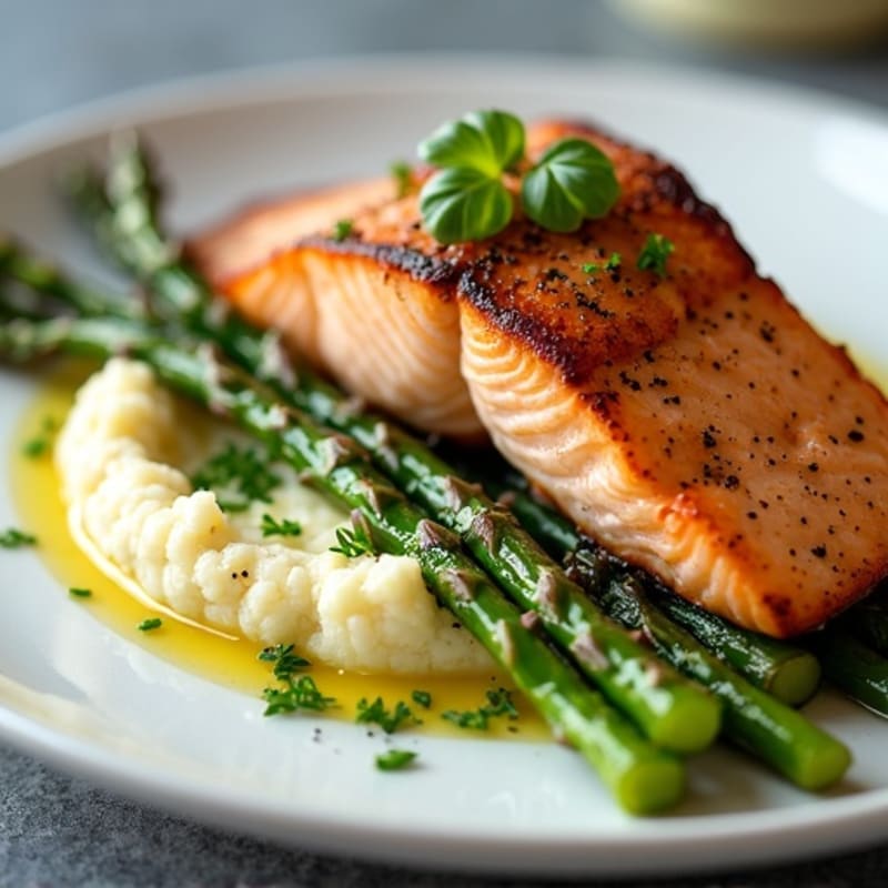 Seared Salmon with Roasted Asparagus and Cauliflower Mash