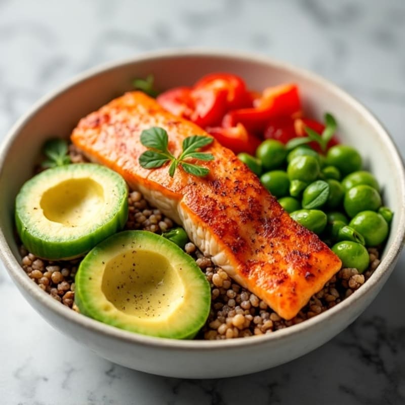 Crispy Salmon Brown Rice Bowl with Creamy Avocado and Crunchy Vegetables