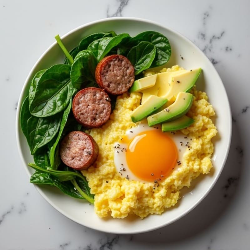 Egg White Scramble with Turkey Sausage and Sautéed Spinach