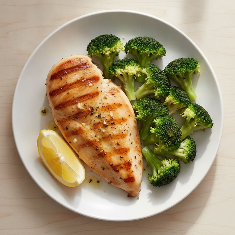 Grilled Chicken Breast with Steamed Broccoli and Lemon