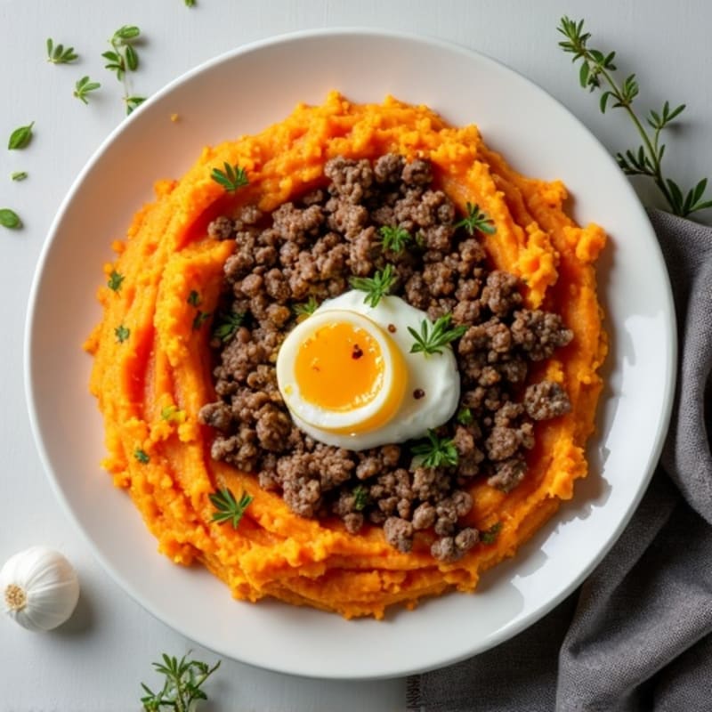 Herb-Seasoned Ground Beef Skillet with Garlic Sweet Potato Mash