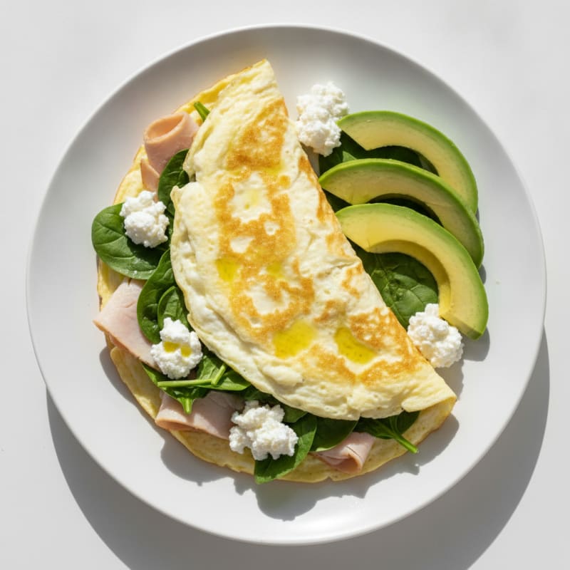 Egg White Spinach Omelette with Cottage Cheese and Sliced Turkey