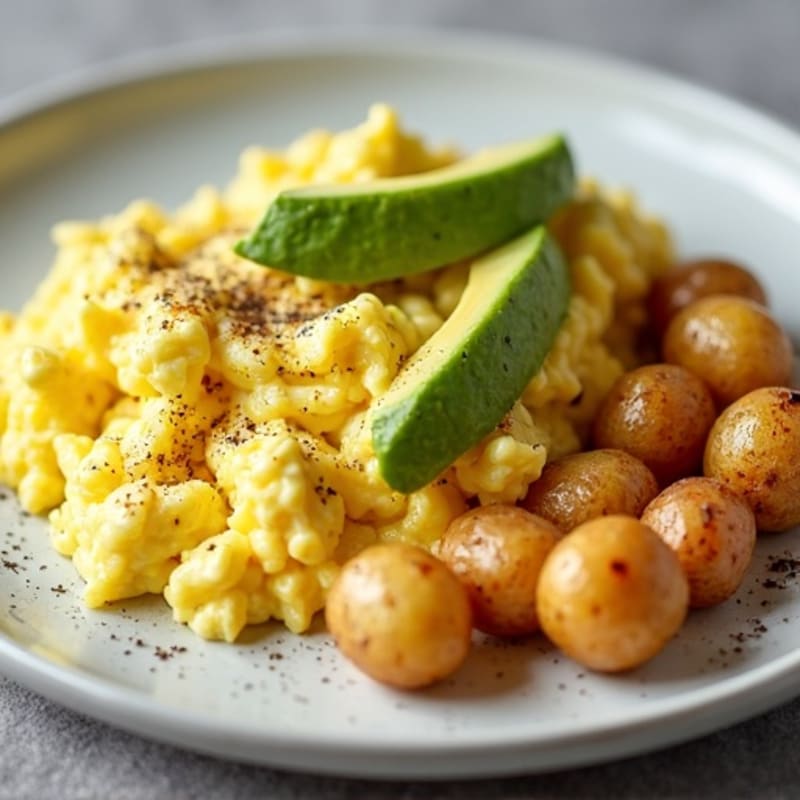 Creamy Avocado Scrambled Eggs with Roasted Potatoes