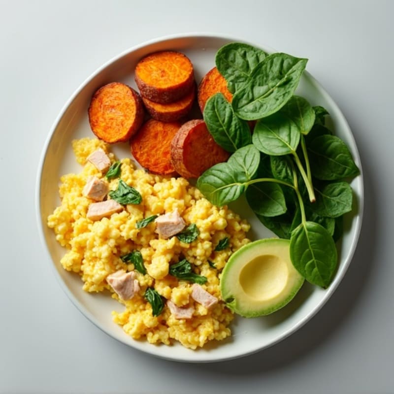 Egg White and Turkey Spinach Scramble with Roasted Sweet Potatoes