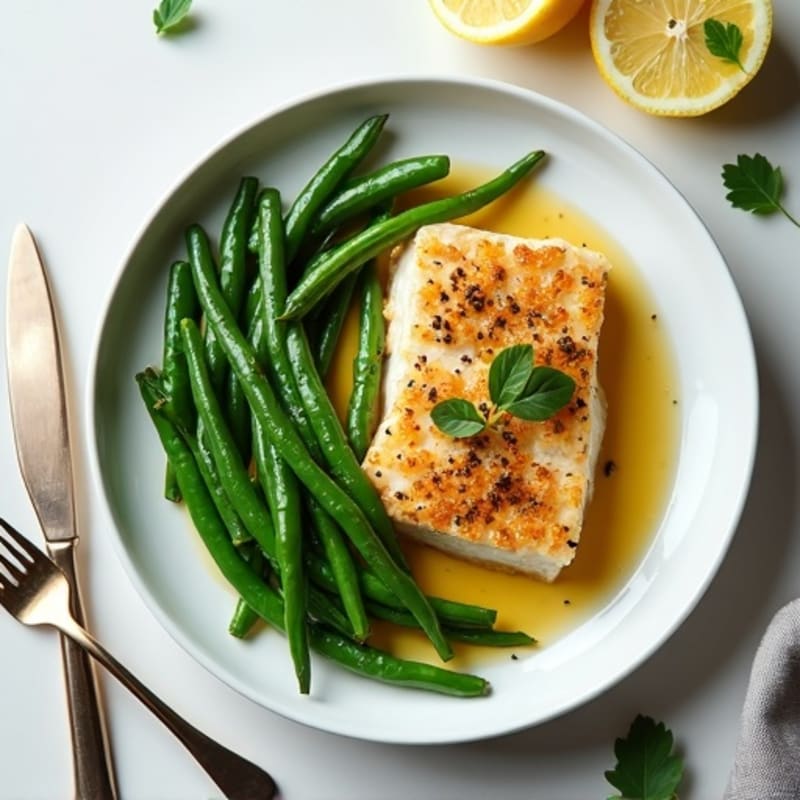 Baked Cod Fillet with Steamed Green Beans and Mustard Greens