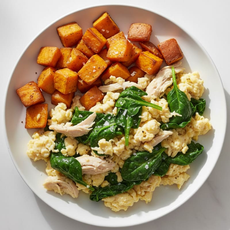 Chicken Egg White Scramble with Spinach and Roasted Sweet Potato