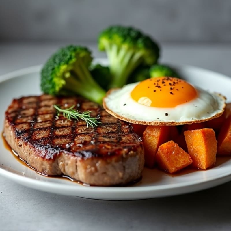 Seared Steak with Crispy Roasted Broccoli and Sweet Potato