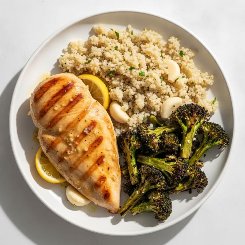 Grilled Lemon-Garlic Chicken Breast with Quinoa and Roasted Broccoli