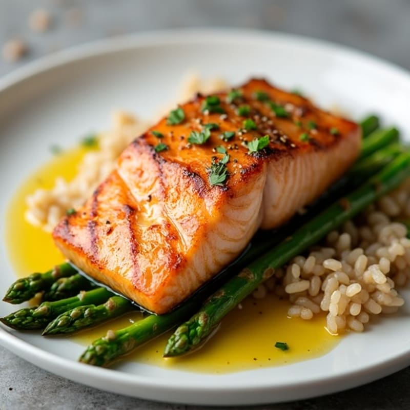 Seared Salmon with Steamed Asparagus and Brown Rice