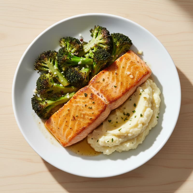 Seared Salmon Fillet with Roasted Broccoli and Garlic Mashed Cauliflower