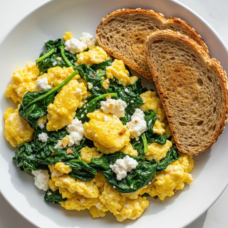 Scrambled Eggs with Cottage Cheese and Sautéed Spinach