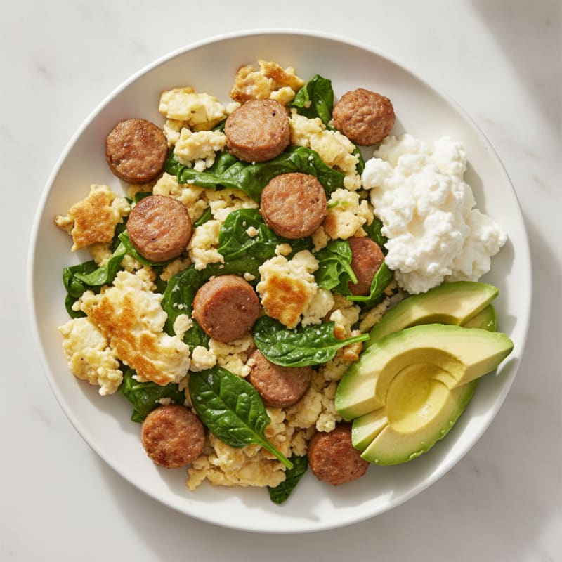 Egg White Spinach Scramble with Turkey Sausage and Cottage Cheese