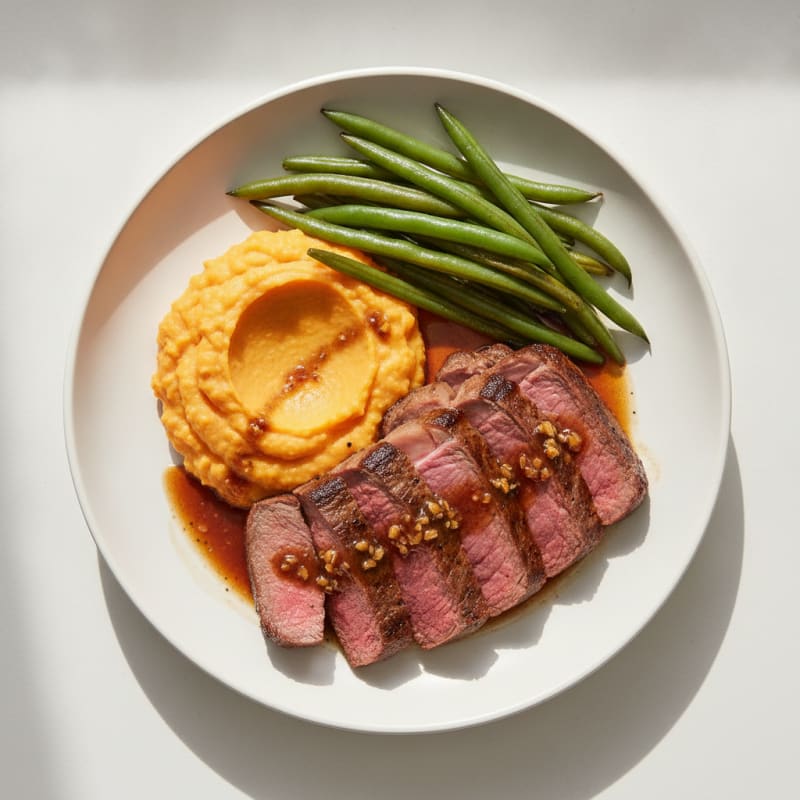 Seared Lean Beef with Steamed Green Beans and Sweet Potato Mash