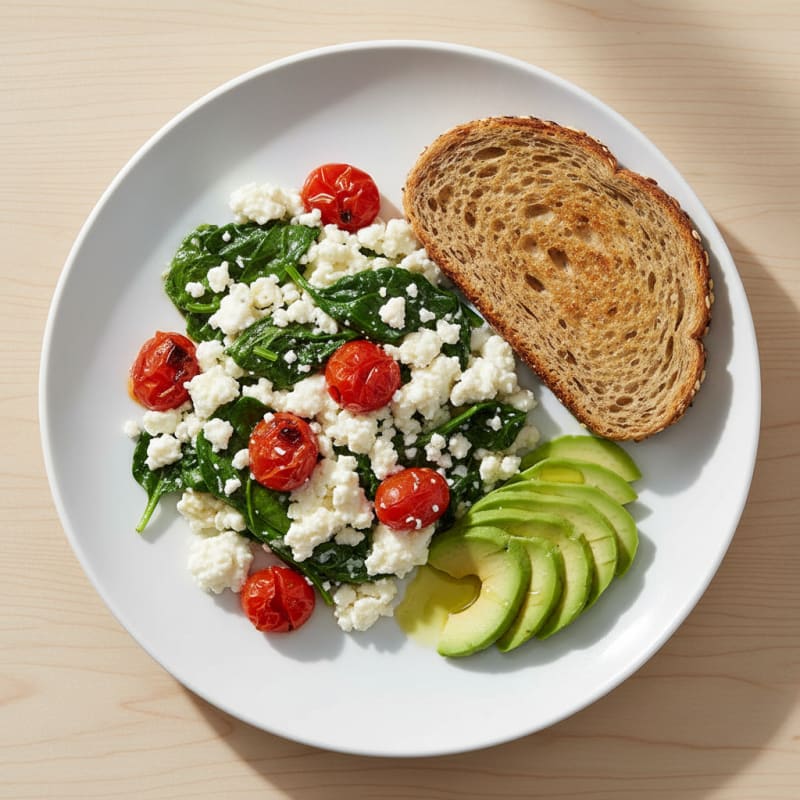 Cottage Cheese Egg White Scramble with Spinach and Cherry Tomatoes