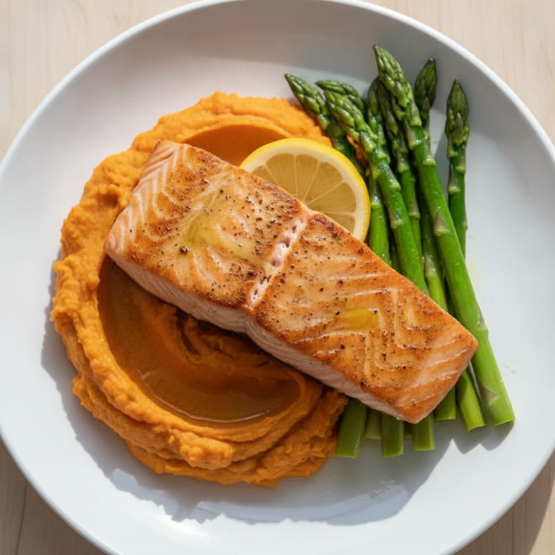 Seared Salmon with Steamed Asparagus and Sweet Potato Mash