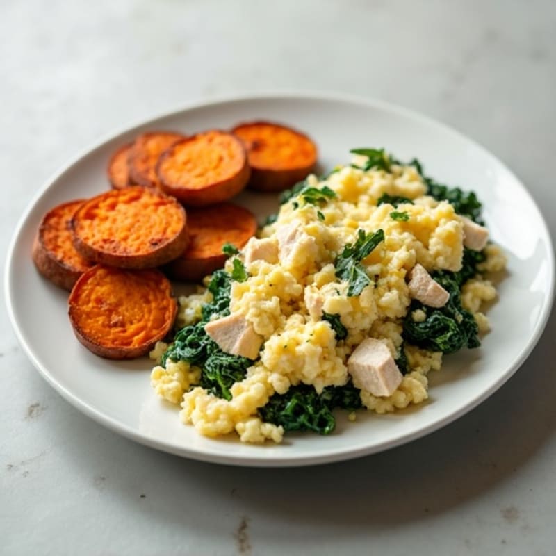 Egg White and Turkey Spinach Scramble with Roasted Sweet Potatoes