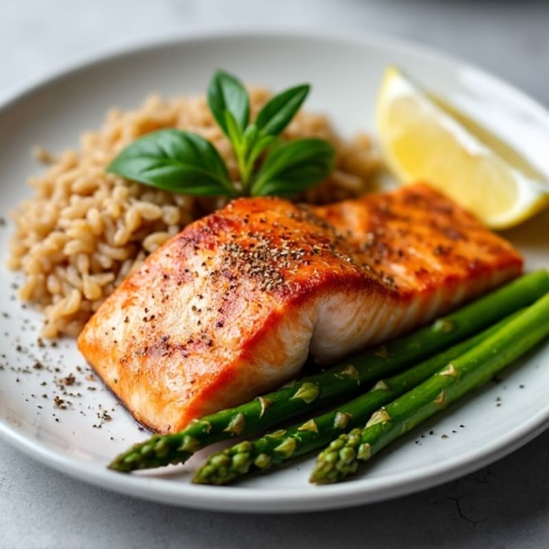 Seared Salmon Fillet with Steamed Asparagus and Brown Rice