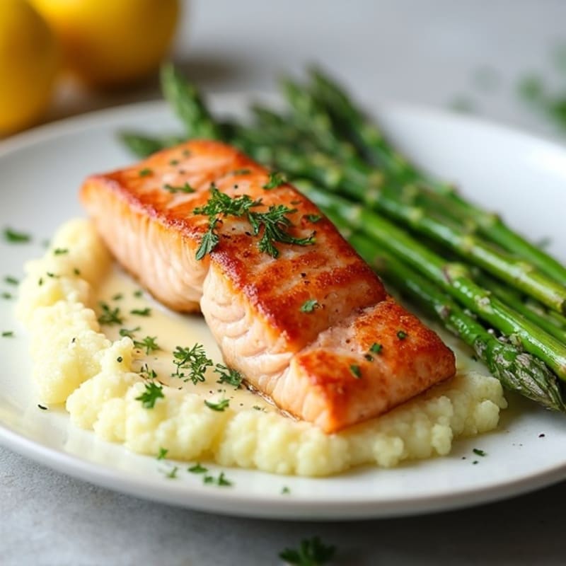 Seared Salmon with Steamed Asparagus and Cauliflower Mash