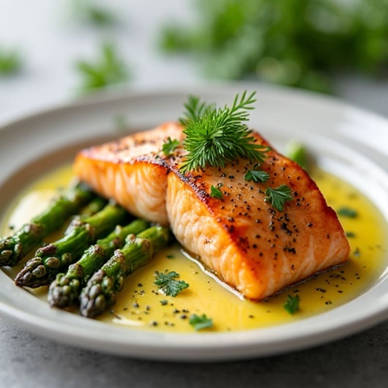 Seared Salmon with Lemon Herb Sauce and Roasted Asparagus