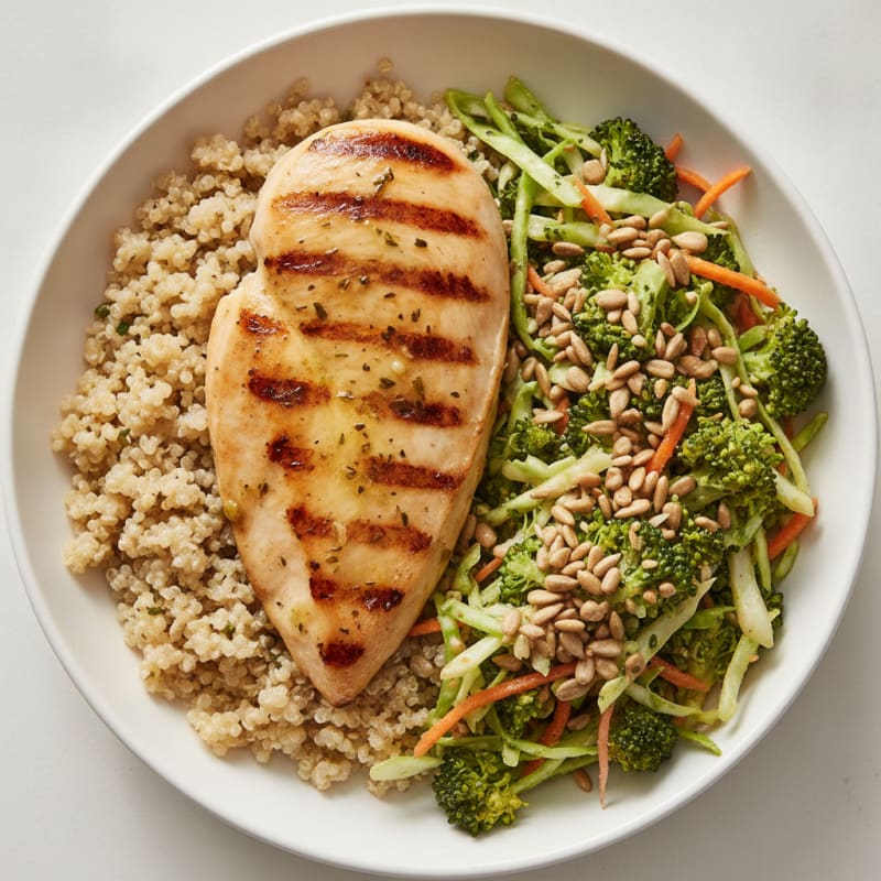 Grilled Chicken Breast with Quinoa and Crunchy Broccoli Slaw
