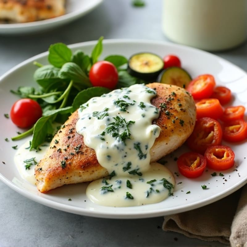 Creamy Spinach Artichoke Chicken with Roasted Vegetables