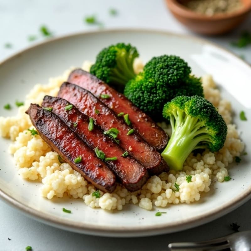 Seared Lean Beef Strips with Steamed Broccoli and Cauliflower Rice