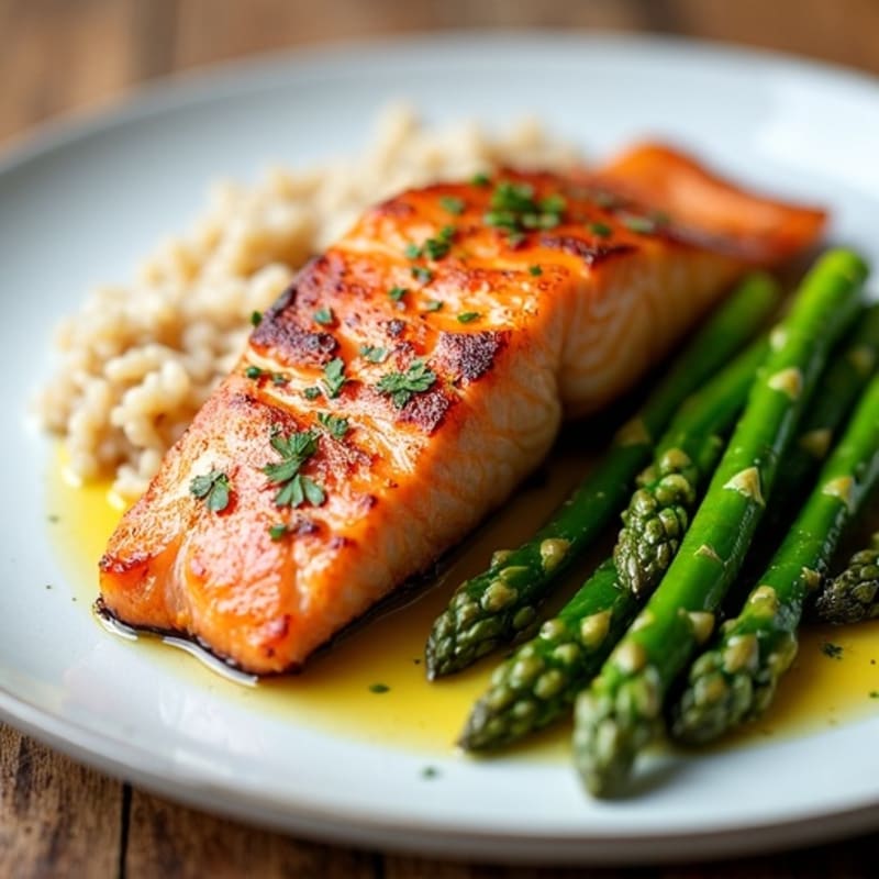 Seared Salmon with Steamed Asparagus and Brown Rice