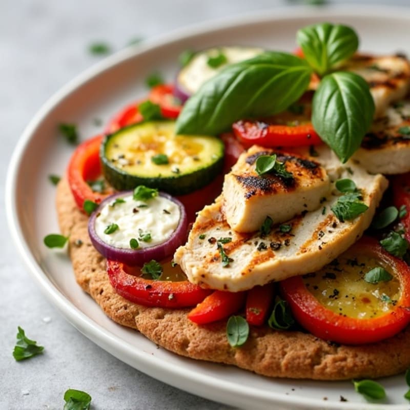 Herb-Roasted Vegetable and Goat Cheese Flatbread with Grilled Chicken