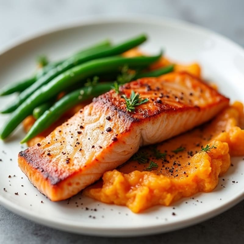 Seared Salmon Fillet with Steamed Green Beans and Sweet Potato Mash
