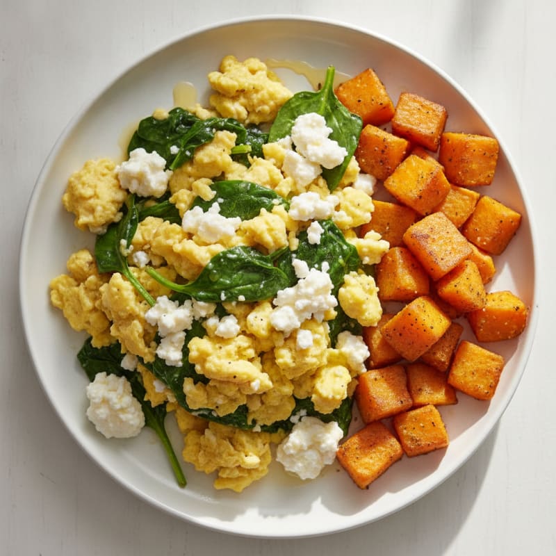 Cottage Cheese Egg Scramble with Spinach and Roasted Sweet Potatoes