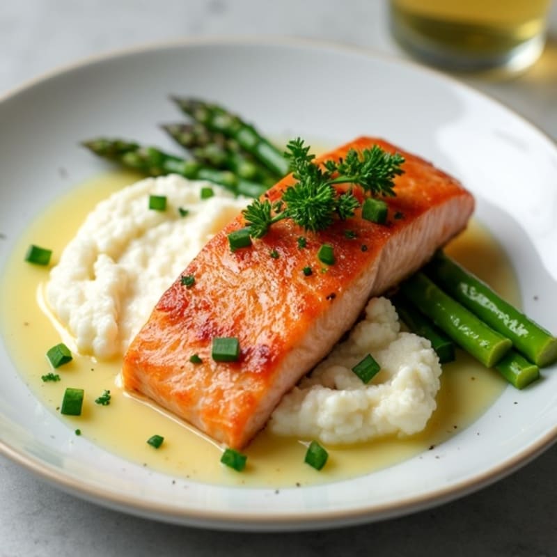 Seared Salmon with Steamed Asparagus and Cauliflower Mash