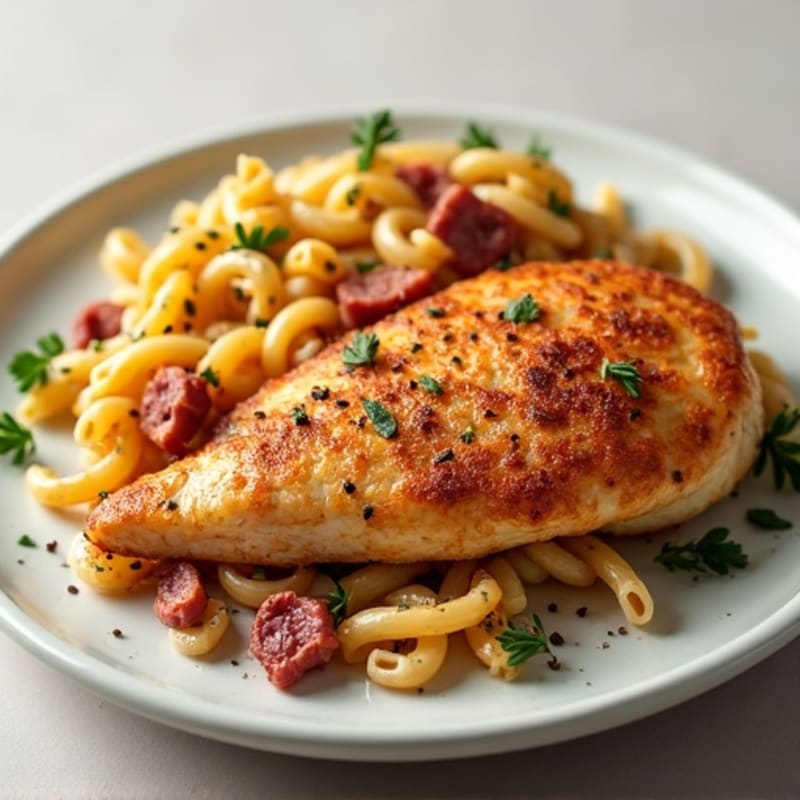 Chicken Breast and Whole Wheat Pasta with Crispy Corned Beef Bits