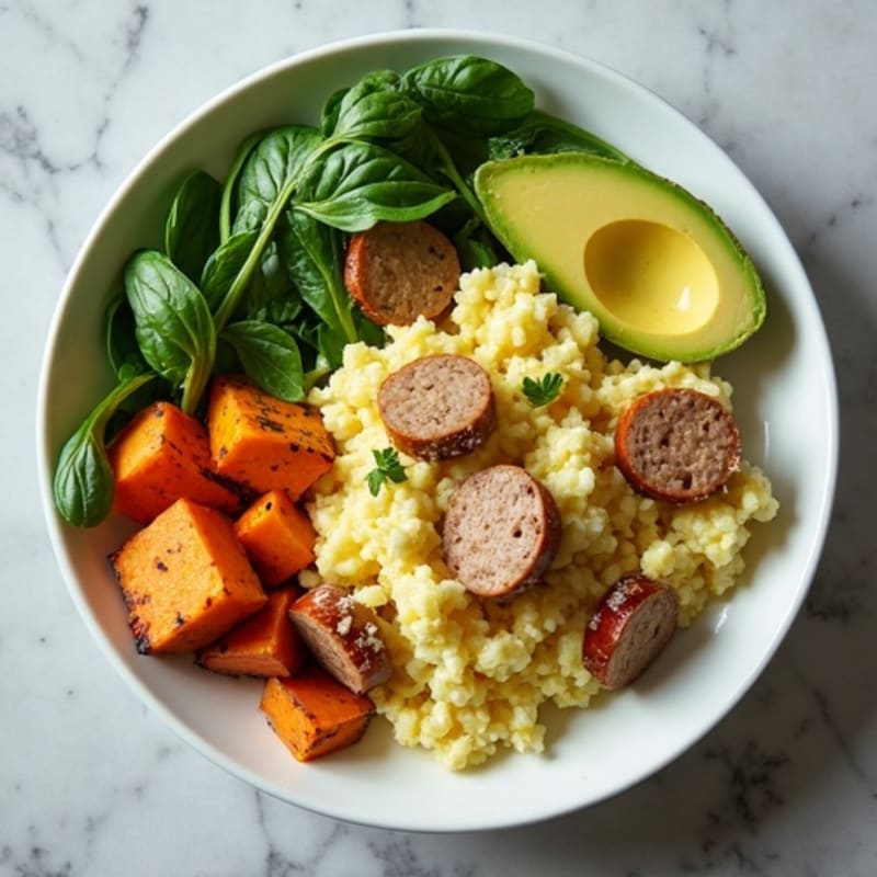 Egg White and Turkey Sausage Scramble with Spinach and Sweet Potato