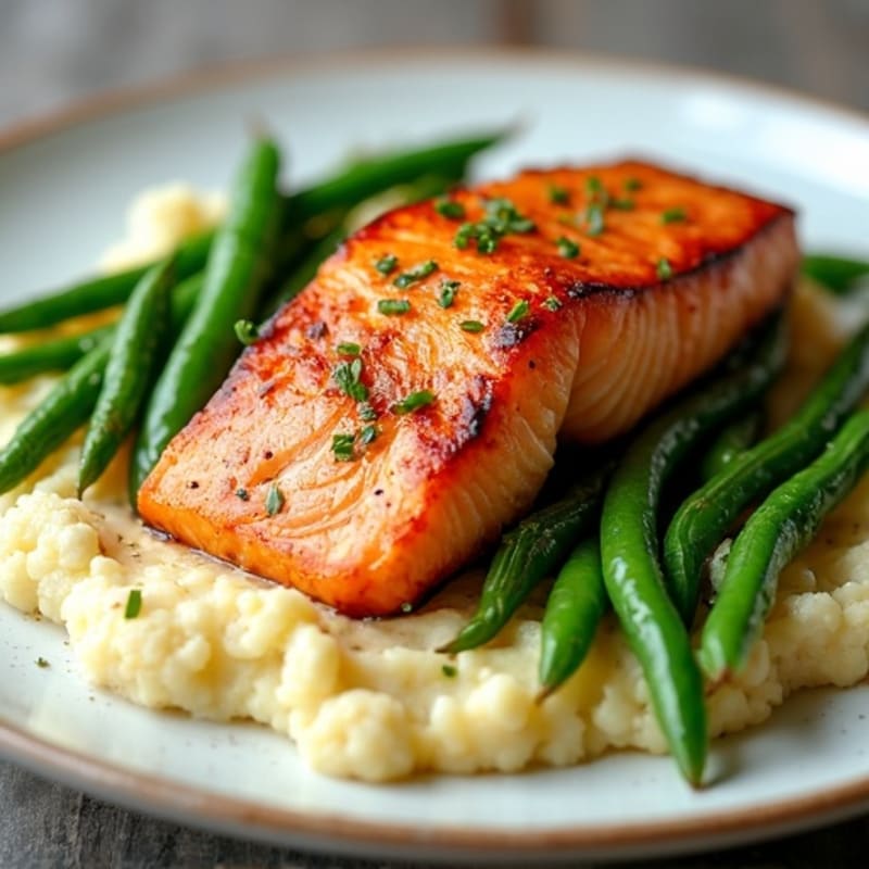 Seared Salmon Fillet with Garlic Green Beans and Cauliflower Mash