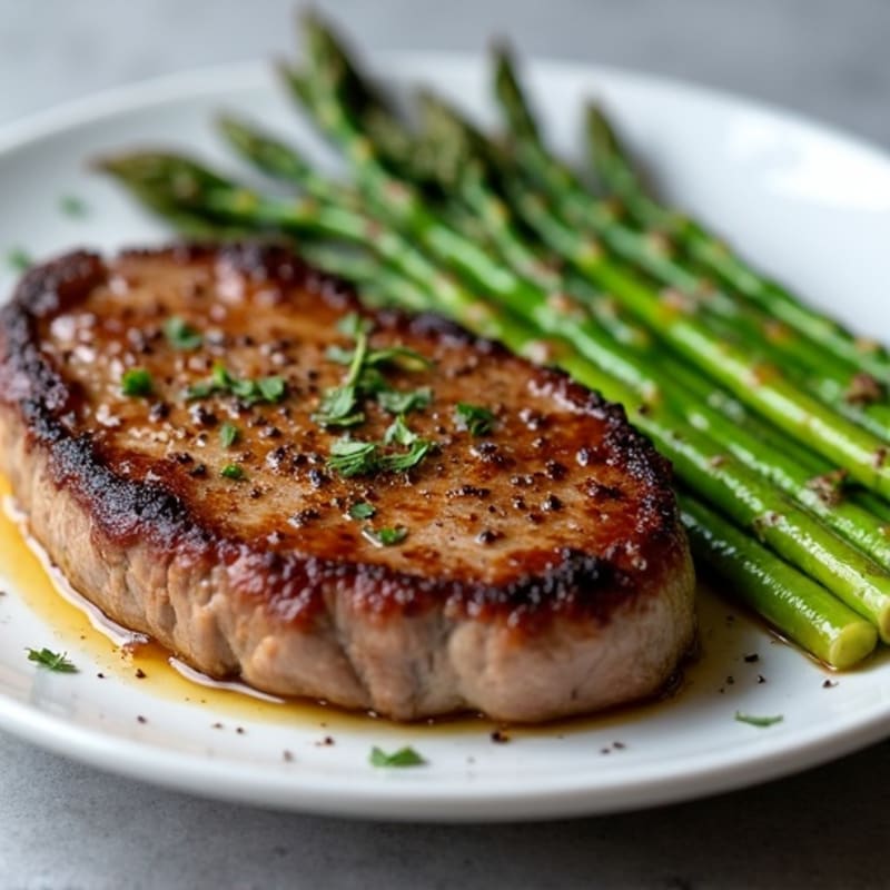 Tender Pan-Seared Steak with Garlic Roasted Asparagus