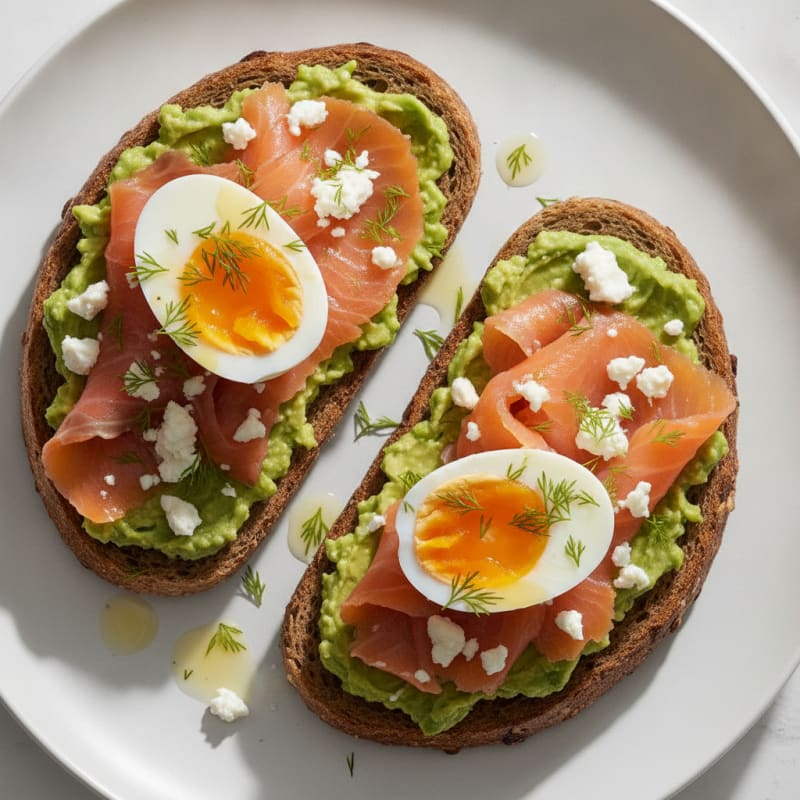 Smoked Salmon and Avocado Dark Rye Sourdough Toast with Soft-Boiled Eggs