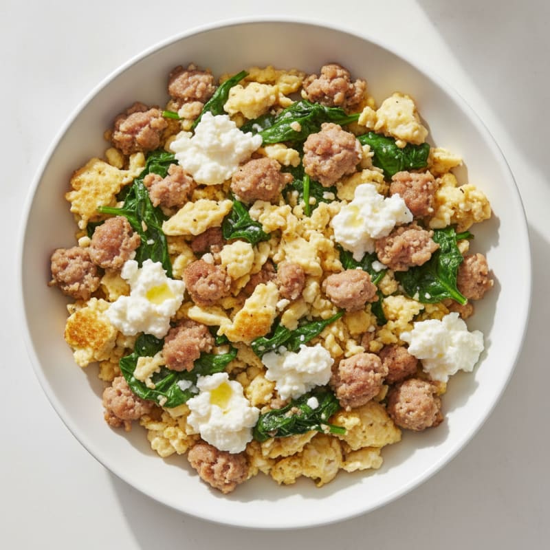 Egg White and Turkey Sausage Scramble with Cottage Cheese and Spinach