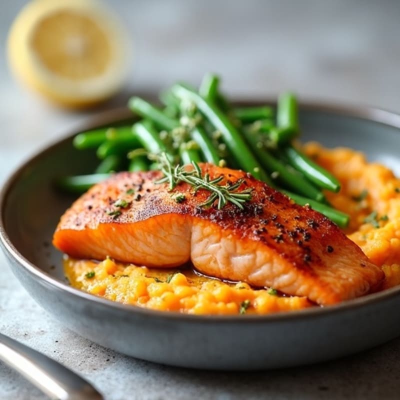 Seared Salmon with Garlic Green Beans and Sweet Potato Mash