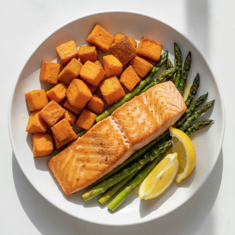 Seared Salmon with Roasted Sweet Potato and Asparagus