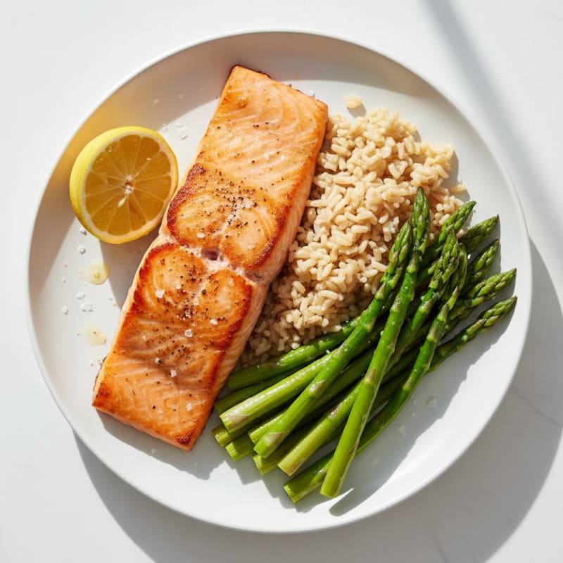 Seared Salmon with Steamed Asparagus and Brown Rice