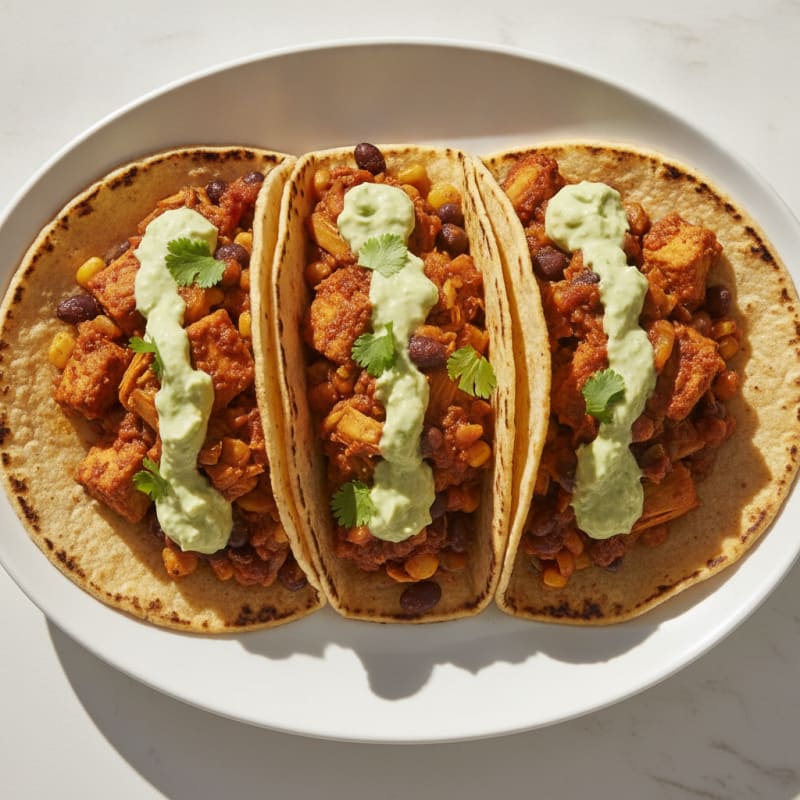 Jackfruit Adobo Tacos with Avocado Crema