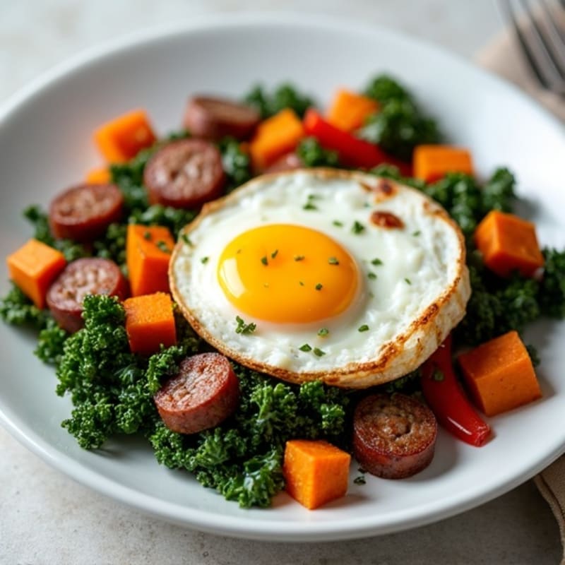 Sweet Potato and Turkey Sausage Hash with Crispy Kale