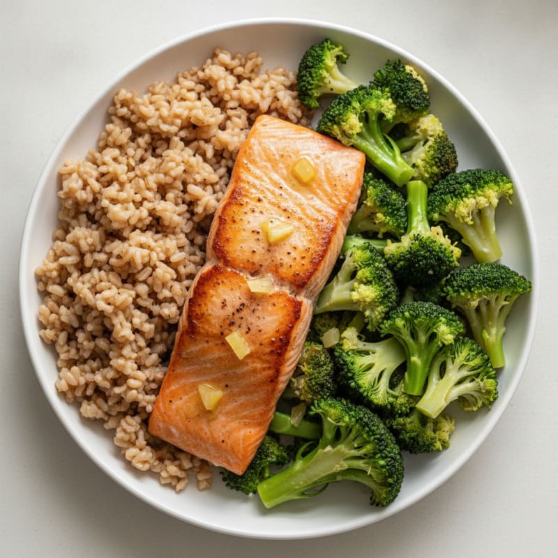 Seared Salmon with Steamed Broccoli and Brown Rice