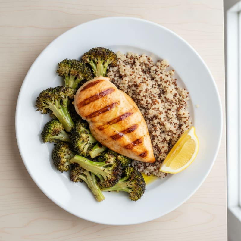 Grilled Chicken Breast with Roasted Broccoli and Quinoa